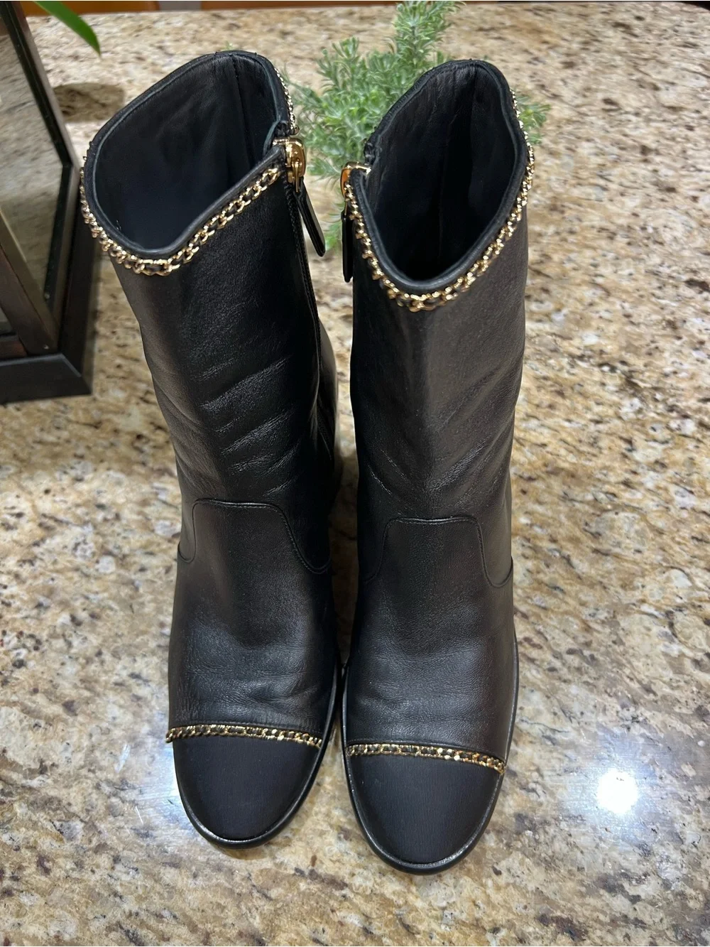 CHANEL Lambskin Grosgrain Cap Toe Gold Chain Short Boots Black 39